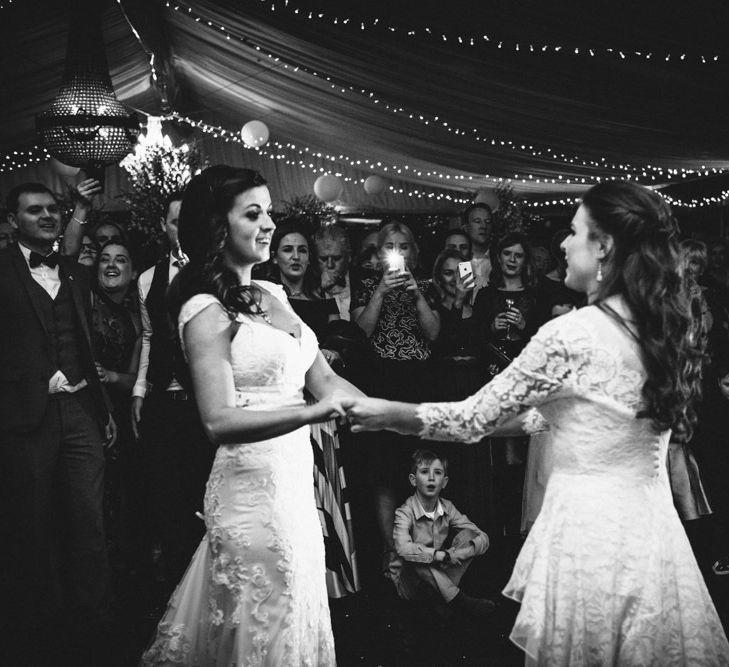 First Dance with Two Bride in Lace Wedding Dresses