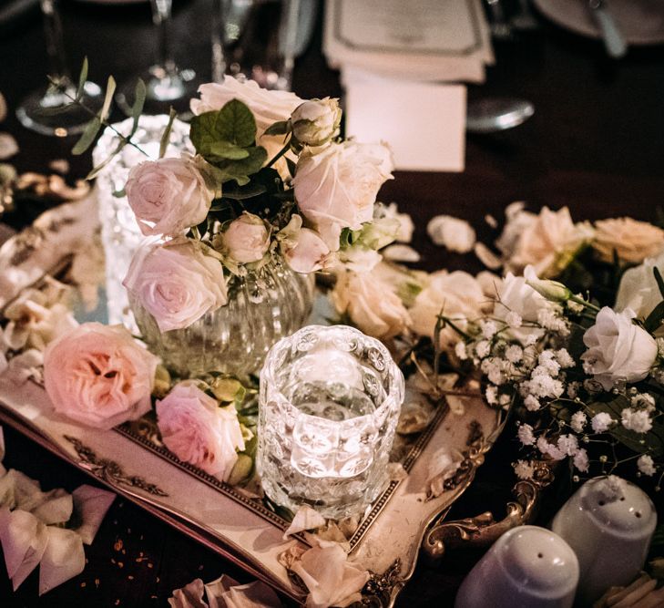 Vintage silver Tray with Roses and Candle Decor