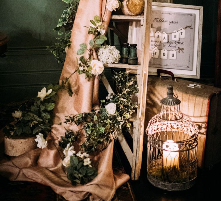 Vintage Step Ladder Wedding Decor with Flowers and Candles