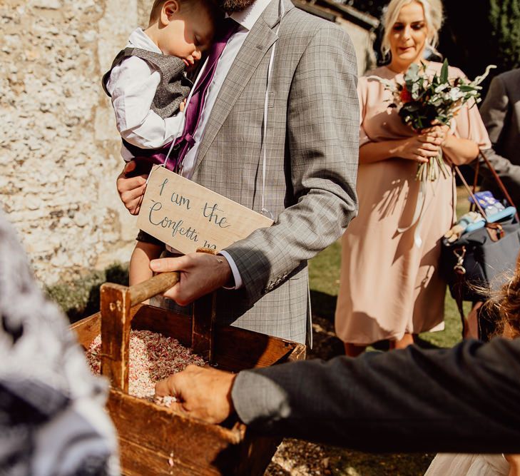 Confetti box and sign at Norfolk barn wedding