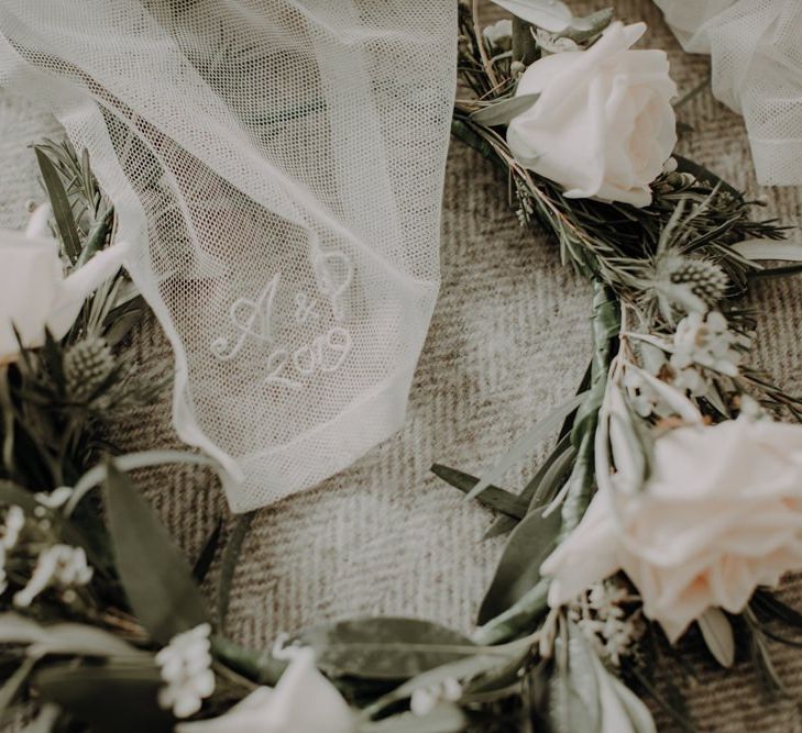 White floral bridal crown and personalised embroidery