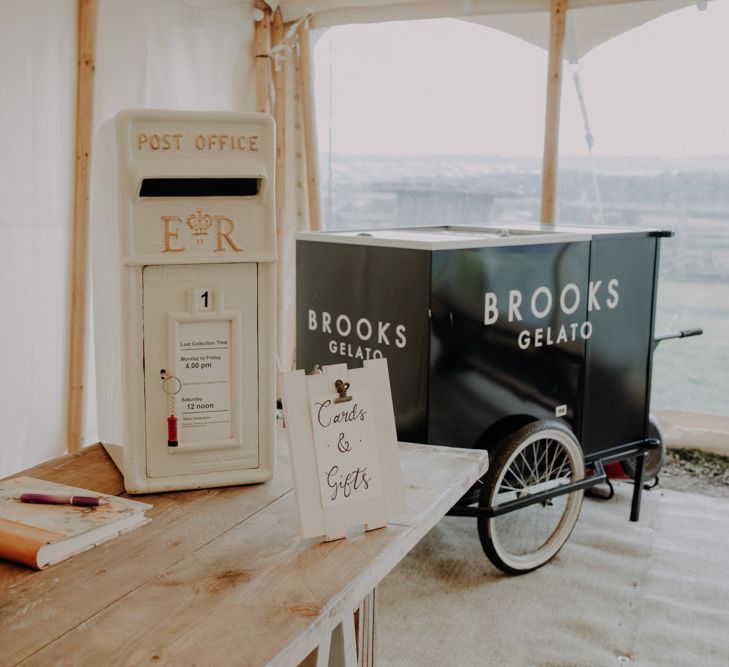 White post box for cards and gifts at Hobbits Hill for marquee reception