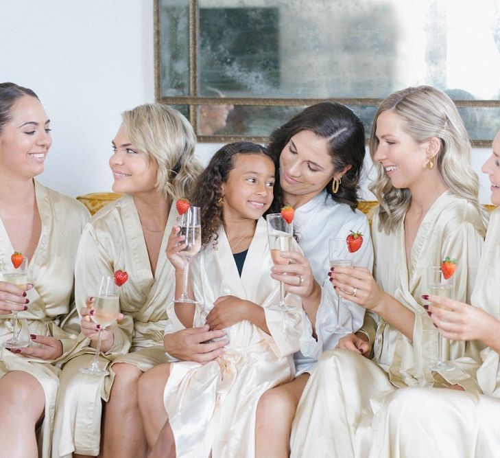 Bridal Party Enjoy Champagne Before Italian Garden Ceremony