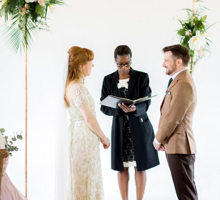 Wedding Ceremony with Bride in Jenny Packham Cassiopeia Wedding Dress with Groom in Brown Trousers and Blazer