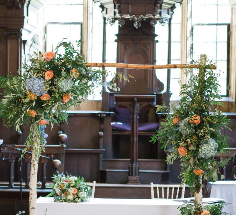 Altar Floral Arch with Coral and Blue Wedding Flowers