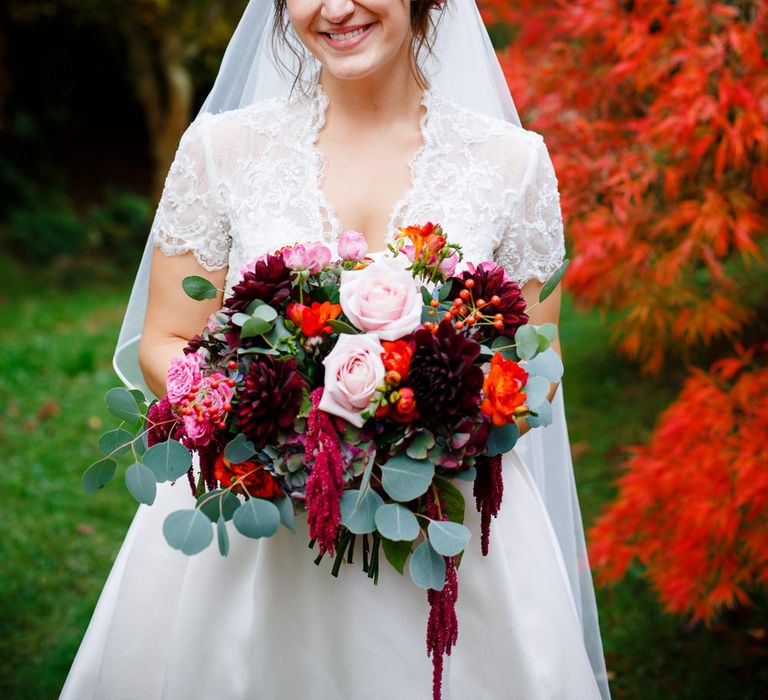 Autumnal Village Wedding with Deep Red &amp; Blue Colour Scheme at Ramster Hall, Surrey | Watters Bridal Gown | Warehouse Bridesmaid Dresses | Navy Suit Supply Suits | Tony Hart Photo