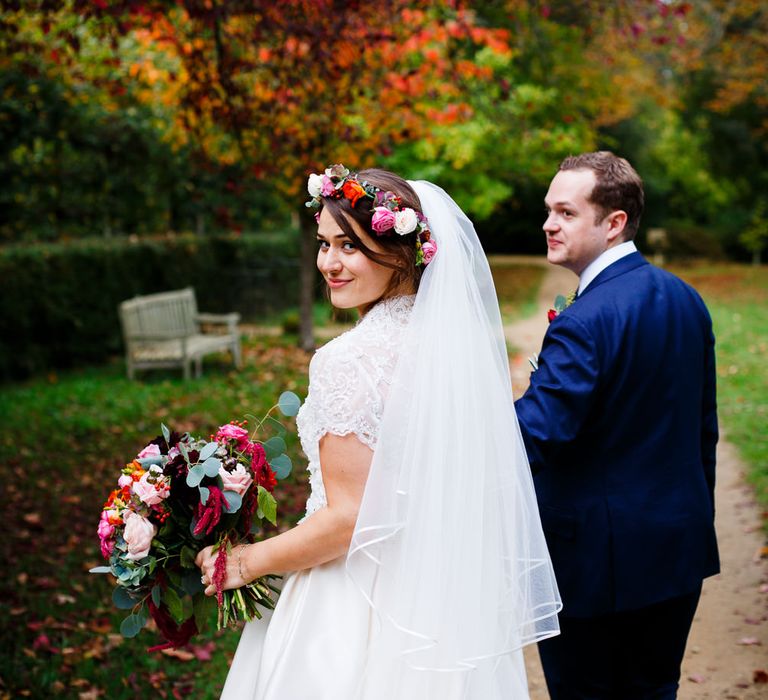 Autumnal Village Wedding with Deep Red &amp; Blue Colour Scheme at Ramster Hall, Surrey | Watters Bridal Gown | Warehouse Bridesmaid Dresses | Navy Suit Supply Suits | Tony Hart Photo