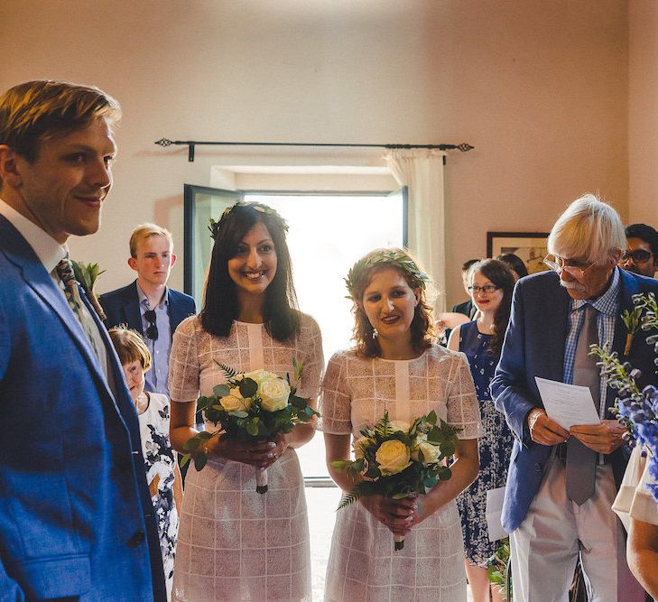 Whistles Bridesmaid Dresses. Flowers by Stiatti Fiori. Intimate Prosecco Pool Party Wedding in Tuscany. Bride wears Livio Lacurre Gown, Groom wears Beggars Run Custom Suit. Photography by Livio Lacurre.