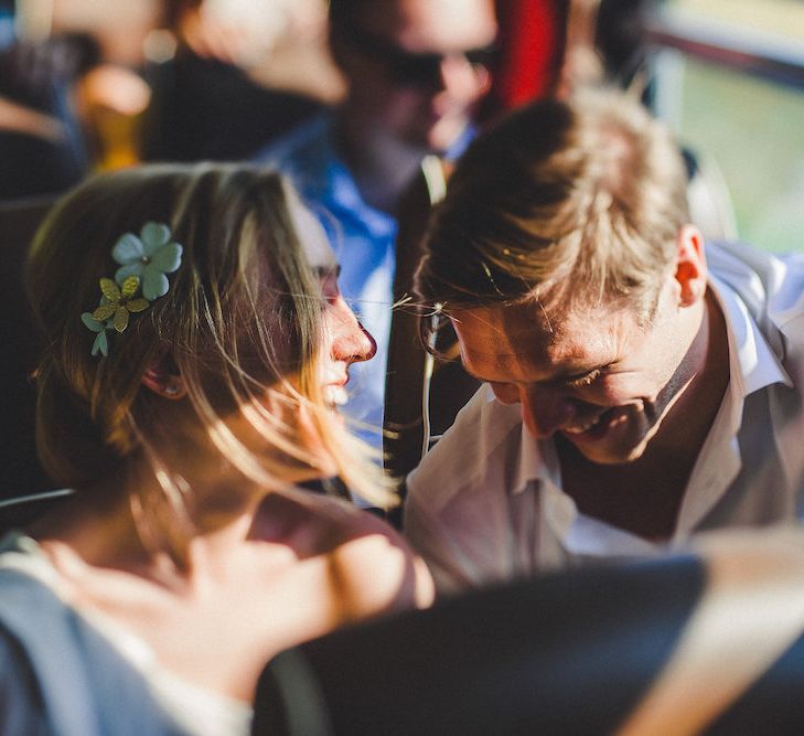 Vintage Bus Wedding Transport from Drive in Style. Intimate Prosecco Pool Party Wedding in Tuscany. Bride wears Livio Lacurre Gown, Groom wears Beggars Run Custom Suit. Photography by Livio Lacurre.