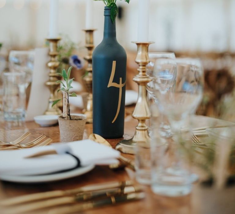 Wine bottle table numbers with gold details