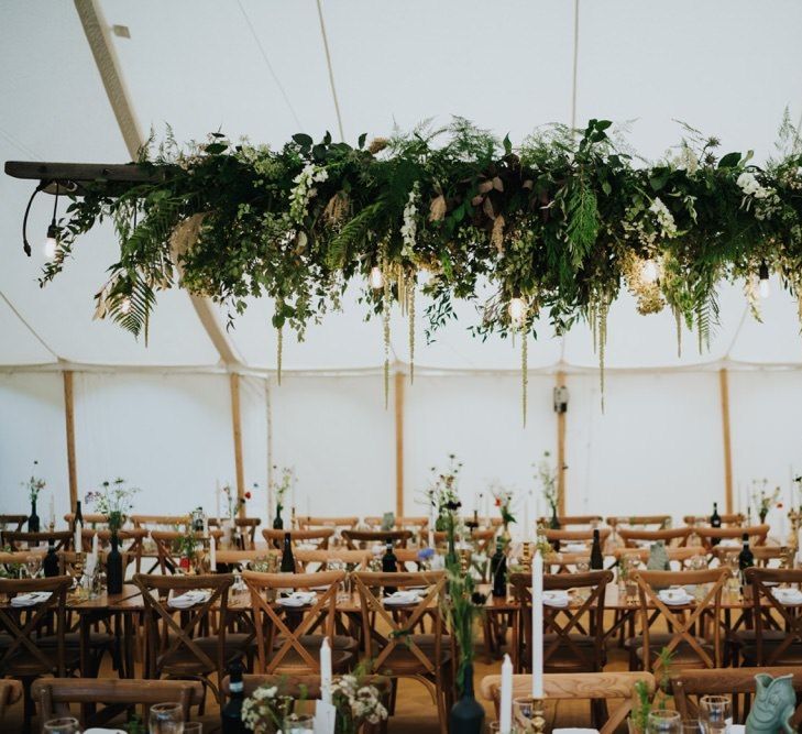 Hanging white floral and foliage decor at Newburgh Priory