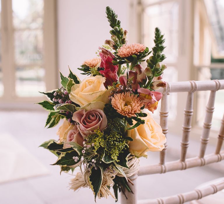 Aisle Chair Back Decor with White and Pink Roses