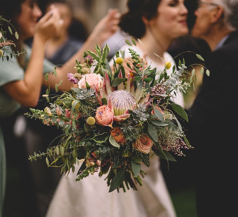 Pink King Protea Wedding Bouquet with Foliage