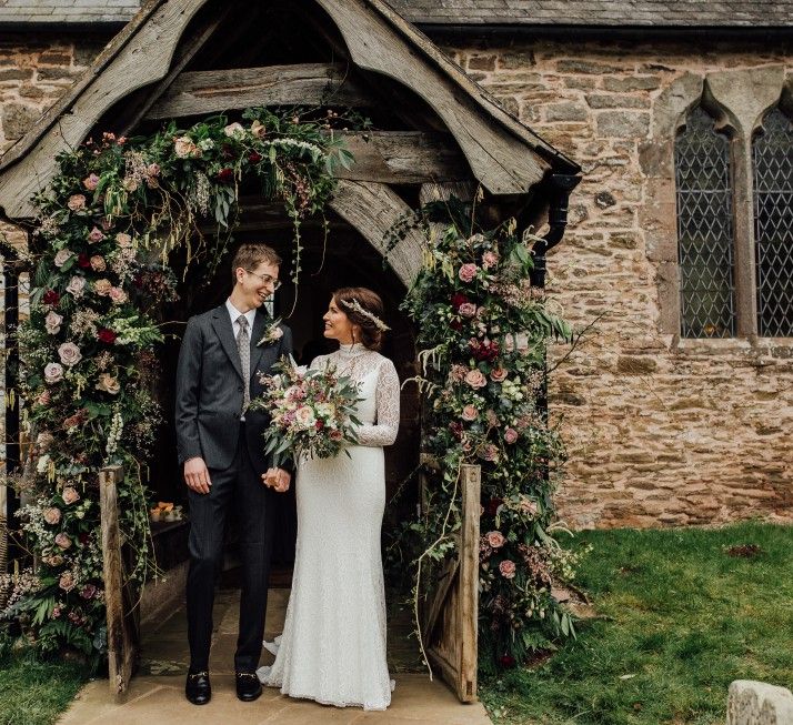 Bride and groom leaving church