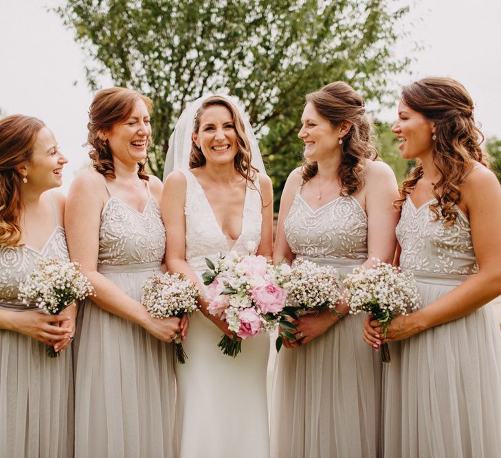 Bridal Party | Bridesmaids in Taupe Dresses with Tulle &amp; Embellished Bodices | Bride in Halo &amp; Wren Wedding Dress | DIY Rustic Tipi Wedding at Riverhill Gardens, Sevenoaks | Frances Sales Photography