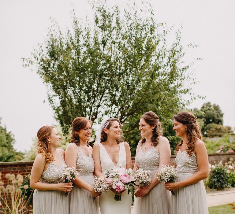 Bridal Party | Bridesmaids in Taupe Dresses with Tulle &amp; Embellished Bodices | Bride in Halo &amp; Wren Wedding Dress | DIY Rustic Tipi Wedding at Riverhill Gardens, Sevenoaks | Frances Sales Photography