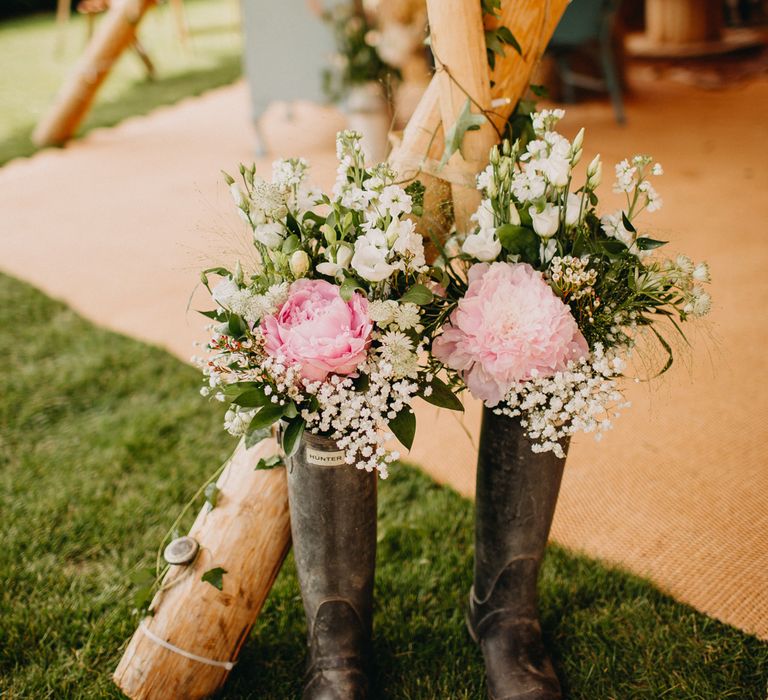 Pink Peony &amp; Gypsophila Flower Filled Wellington Boots Wedding Decor | DIY Rustic Tipi Wedding at Riverhill Gardens, Sevenoaks | Frances Sales Photography