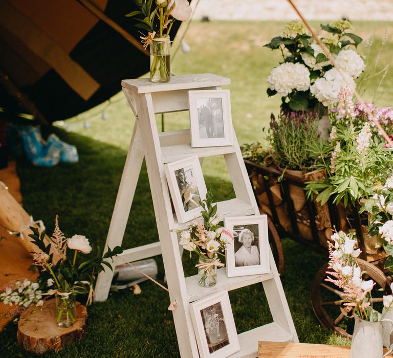 Family Portrait Step Ladder Wedding Decor | DIY Rustic Tipi Wedding at Riverhill Gardens, Sevenoaks | Frances Sales Photography