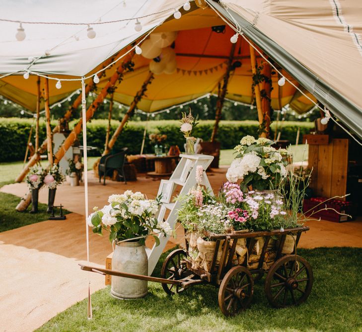 Festoon Lights | Milk Churns, Vintage Step Ladders | Wedding Decor | DIY Rustic Tipi Wedding at Riverhill Gardens, Sevenoaks | Frances Sales Photography