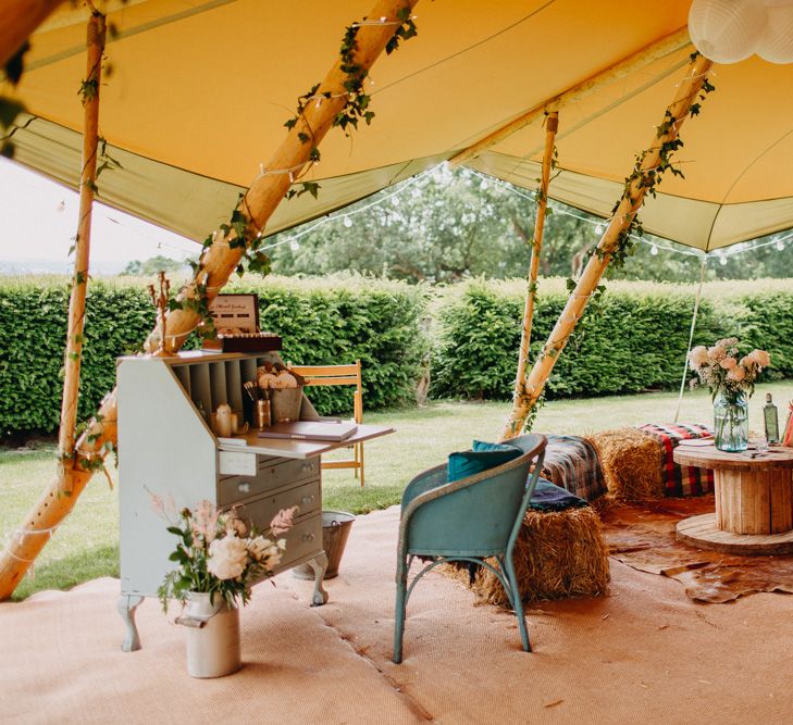 Vintage Dresser Guest Book Table | Hay Bale Seating Area | Wedding Decor | DIY Rustic Tipi Wedding at Riverhill Gardens, Sevenoaks | Frances Sales Photography