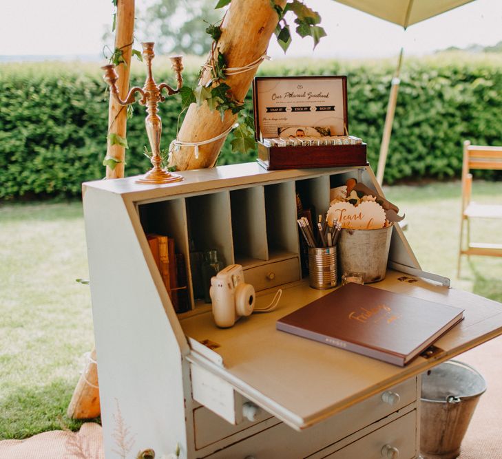 Vintage Writing Desk Guest Book Area | Wedding Decor | DIY Rustic Tipi Wedding at Riverhill Gardens, Sevenoaks | Frances Sales Photography