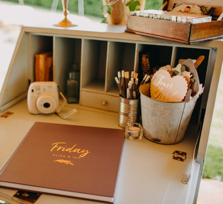 Vintage Writing Desk Guest Book Area | Wedding Decor | DIY Rustic Tipi Wedding at Riverhill Gardens, Sevenoaks | Frances Sales Photography