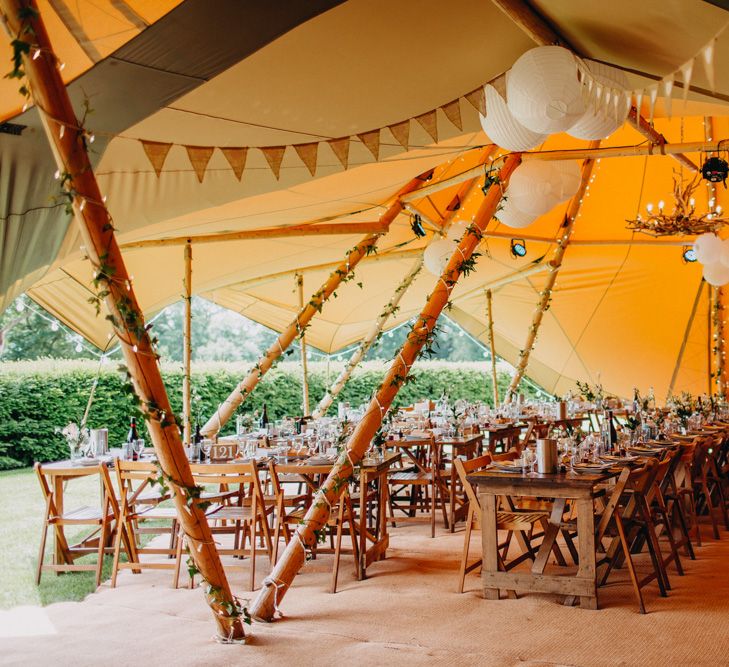 String Lights, Bunting &amp; Lanterns Wedding Reception Decor | DIY Rustic Tipi Wedding at Riverhill Gardens, Sevenoaks | Frances Sales Photography