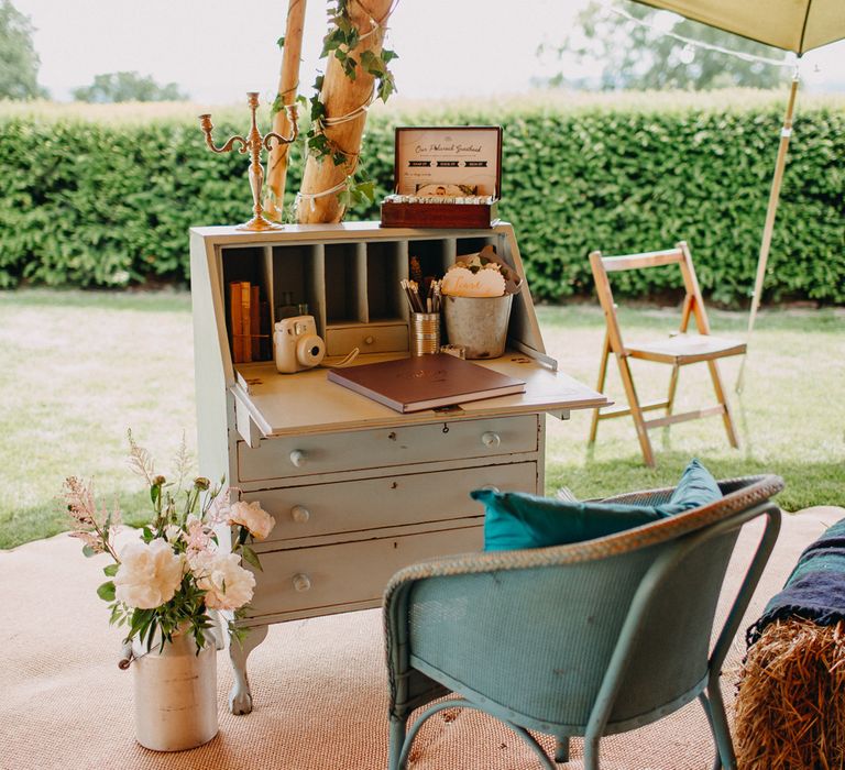 Vintage Writing Desk Guest Book Area | Wedding Decor | DIY Rustic Tipi Wedding at Riverhill Gardens, Sevenoaks | Frances Sales Photography