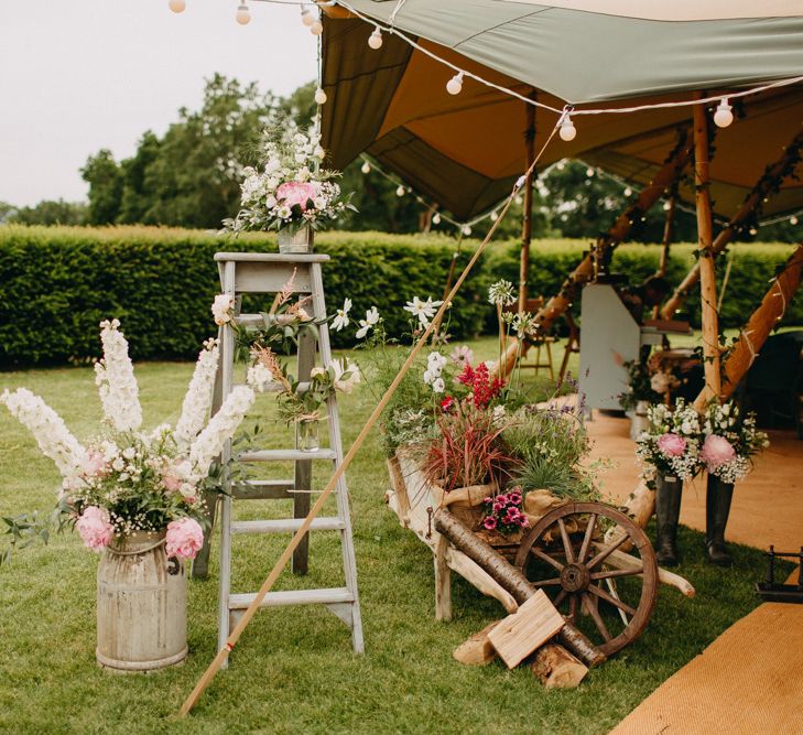 Vintage Step Ladder &amp; Flower Filled Milk Churn Wedding Decor | DIY Rustic Tipi Wedding at Riverhill Gardens, Sevenoaks | Frances Sales Photography