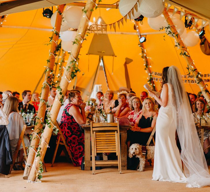 Wedding Reception Speeches | Bride in Halo &amp; Wren Wedding Dress | DIY Rustic Tipi Wedding at Riverhill Gardens, Sevenoaks | Frances Sales Photography