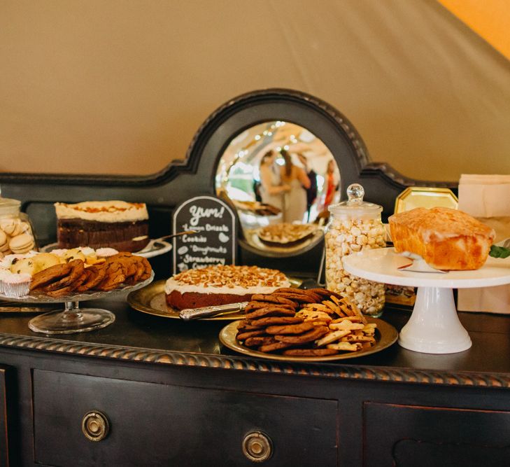 Wedding Dessert Table on Vintage Dresser | DIY Rustic Tipi Wedding at Riverhill Gardens, Sevenoaks | Frances Sales Photography