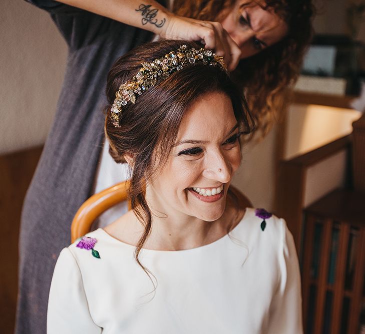 Wedding Morning Bridal Preparations with Natural Makeup and Gold Headband