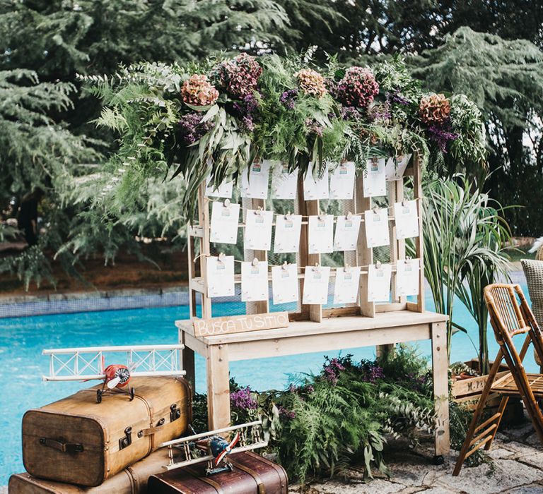 Wooden Frame Table Plane with Foliage and Hydrangea Flower Decor