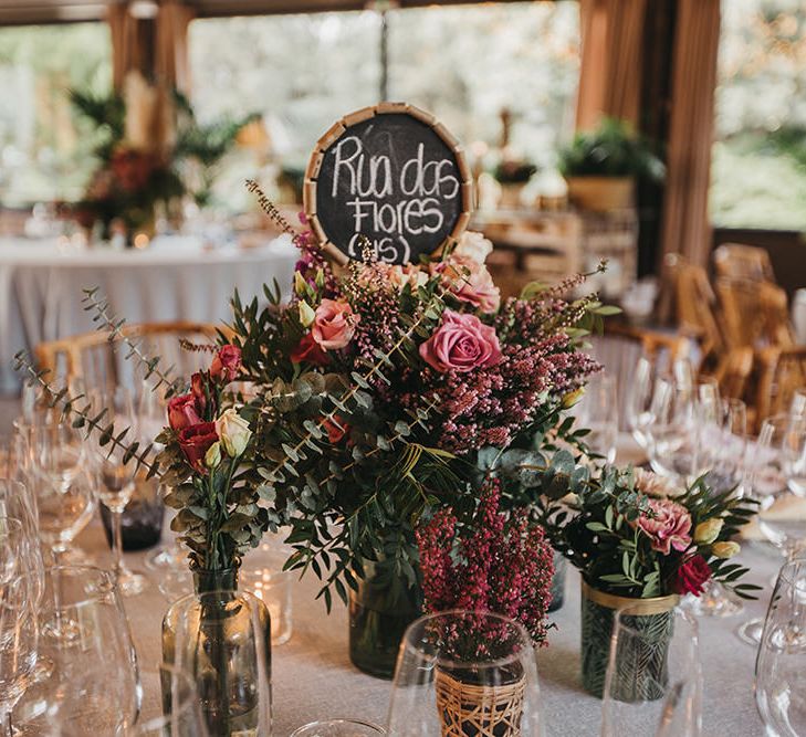 Wedding Reception Floral Centrepiece with Pink Flowers