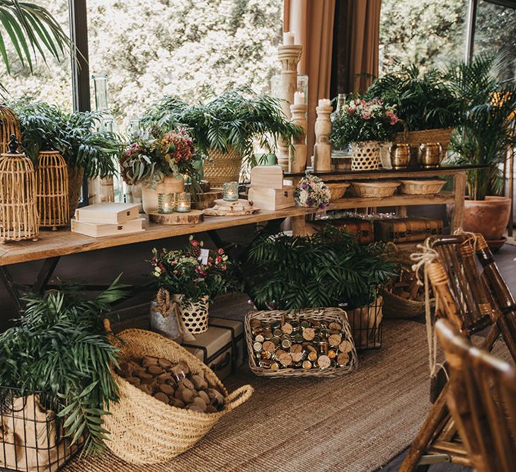 Weddings Decor with Wicker Baskets, Plants  and Candles