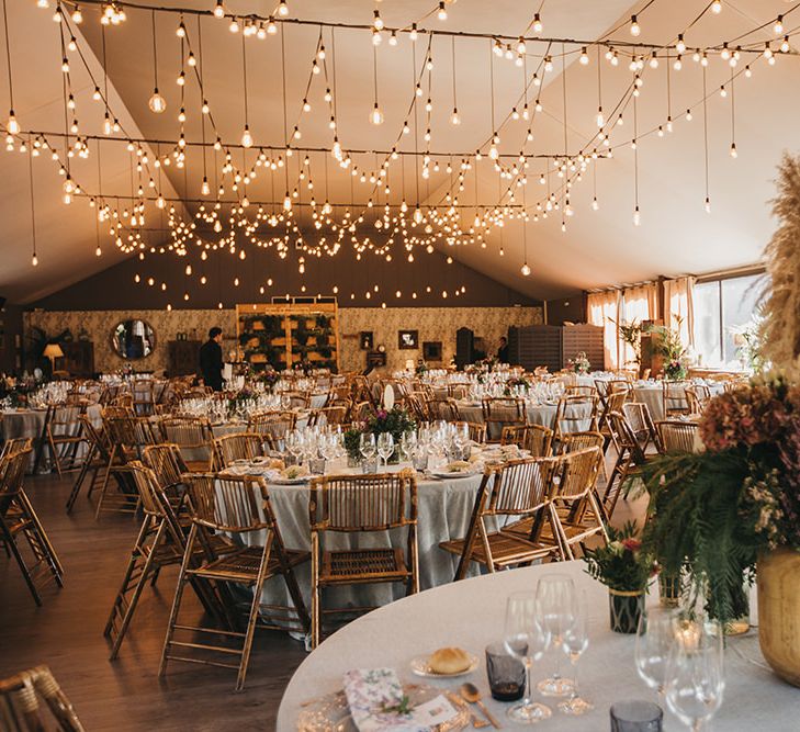 Wedding Reception Decor with Festoon Light Ceiling