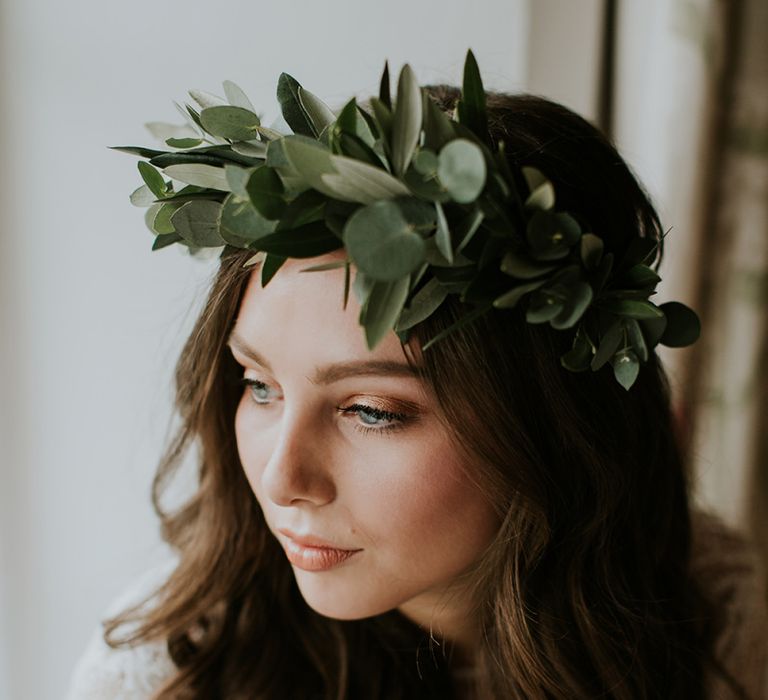 Beautiful Boho Bride with Wavy Hair and Laurel Flower Crown