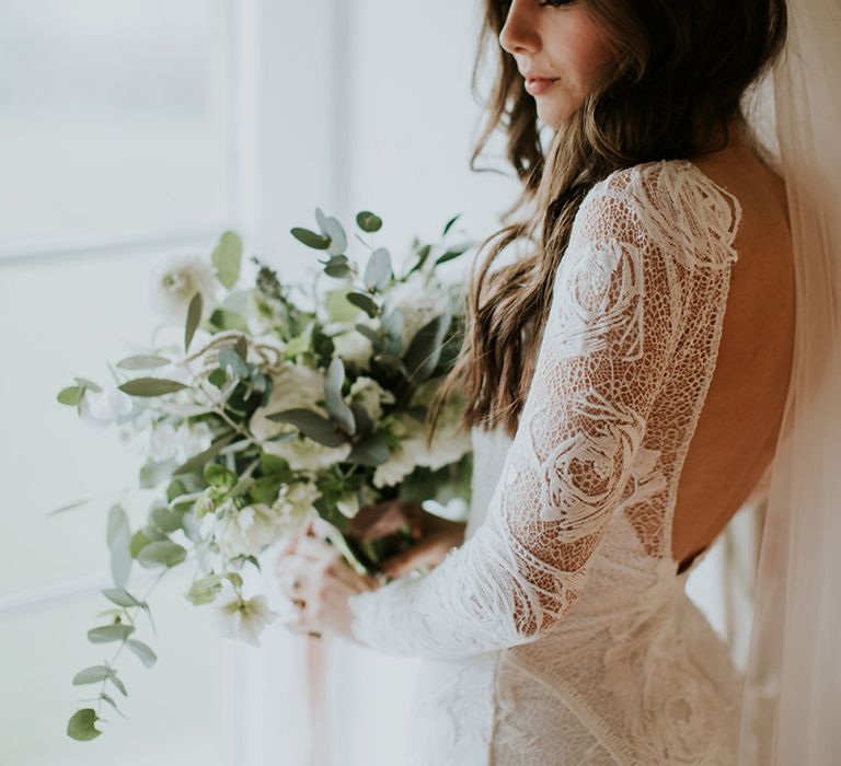 Boho Bride in Long Sleeve and Backless Grace Loves Lace Wedding Dress