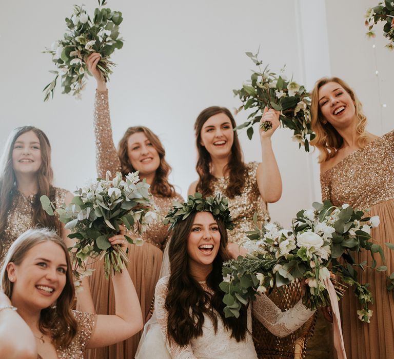 Happy Bridal Party with Bride in Grace Loves Lace and Bridesmaids in Blush Pink