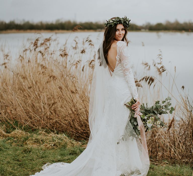 Bride in Long Sleeve and Backless Grace Loves Lace Wedding Dress