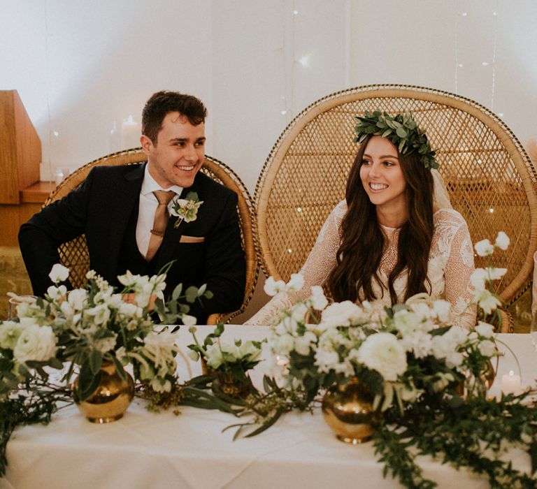 Bride in Long Sleeve and Backless Grace Loves Lace Wedding Dress and Groom in Moss Bros. Suit During the Wedding Reception Speeces