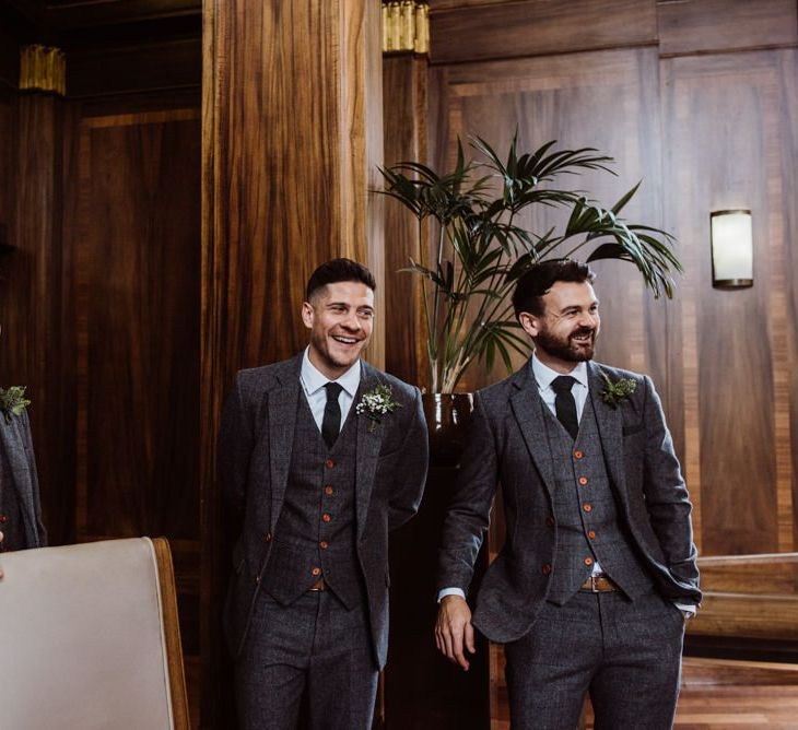 Groom and his groomsmen wearing three piece 'Peaky Blinder' style suits at Stoke Newington Town Hall