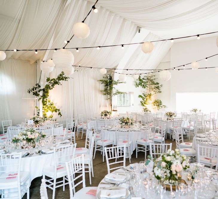 Botanical Reception with Festoon Lights &amp; Pink, White &amp; Green Flowers Wedding Decor | Traditional Green/Blue Danish Wedding at Scandinavian Country House, Jomfruens Egede in Faxe, Denmark | John Barwood Photography