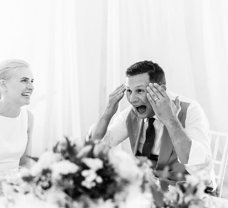 Evening Reception Speeches | Groom in Henry Herbert Tailors Morning Suit | Traditional Green/Blue Danish Wedding at Scandinavian Country House, Jomfruens Egede in Faxe, Denmark | John Barwood Photography