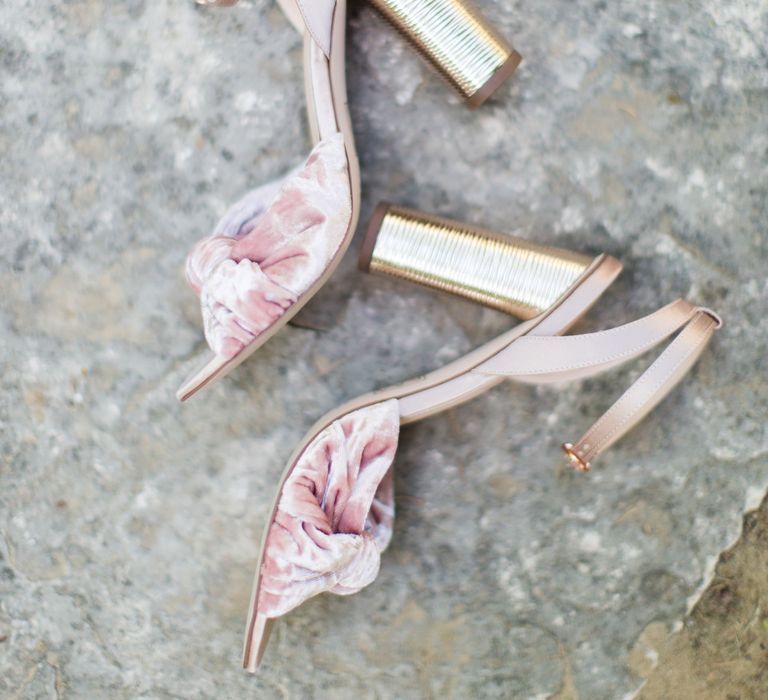 Pink Wedding Shoes with Gold Block Heel | Bride in Lace Stella York Wedding Dress | Groom in Three Piece Navy Suit | Four Day Italian Destination Wedding at Frattoria Mansi Bernadini Planned by Weddings by Emily Charlotte | Cecelina Photography