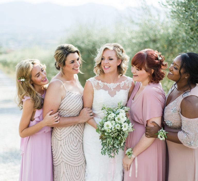 Bridal Party | Bridesmaids in Different Pink Dresses | Bride in Lace Stella York Wedding Dress | Four Day Italian Destination Wedding at Frattoria Mansi Bernadini Planned by Weddings by Emily Charlotte | Cecelina Photography