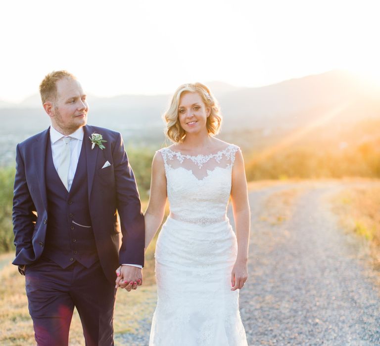 Golden Hour Portrait | Bride in Lace Stella York Wedding Dress | Groom in Three Piece Navy Suit | Four Day Italian Destination Wedding at Frattoria Mansi Bernadini Planned by Weddings by Emily Charlotte | Cecelina Photography