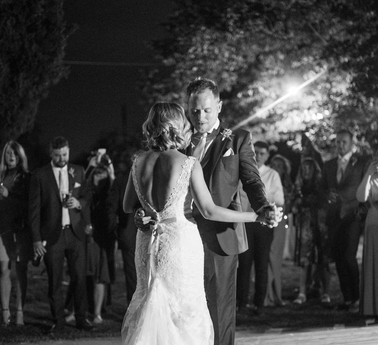 First Dance | Bride in Lace Stella York Wedding Dress | Groom in Three Piece Navy Suit | Four Day Italian Destination Wedding at Frattoria Mansi Bernadini Planned by Weddings by Emily Charlotte | Cecelina Photography