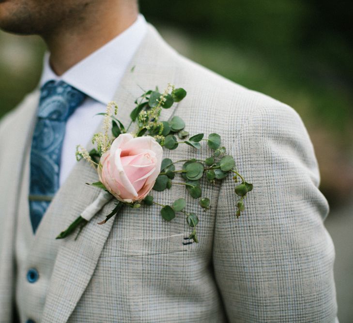 Pink Rose Buttonhole with Foliage