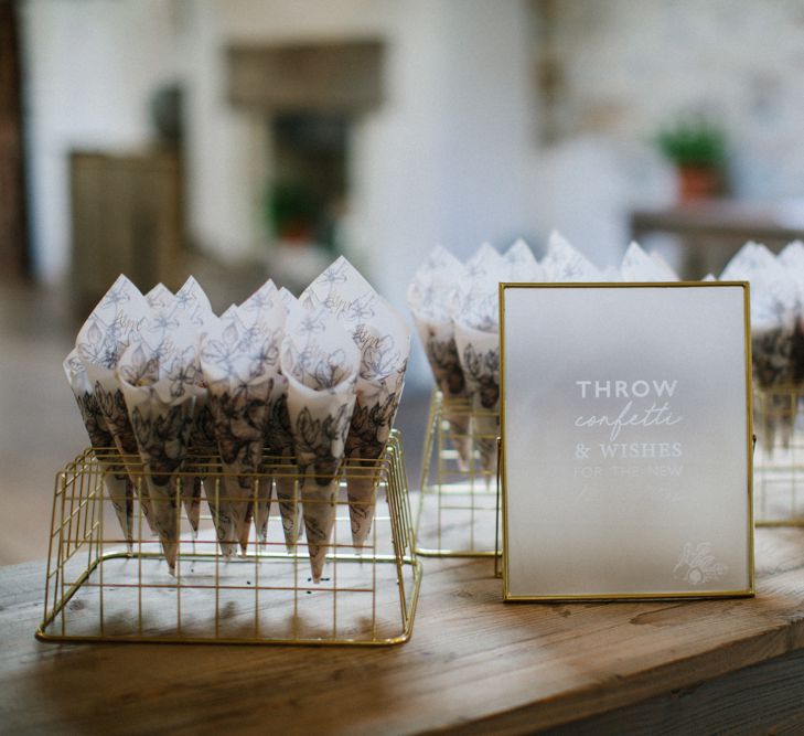 Vellum Confetti Cones and Frosted Acrylic Wedding Signs in Gold Frame